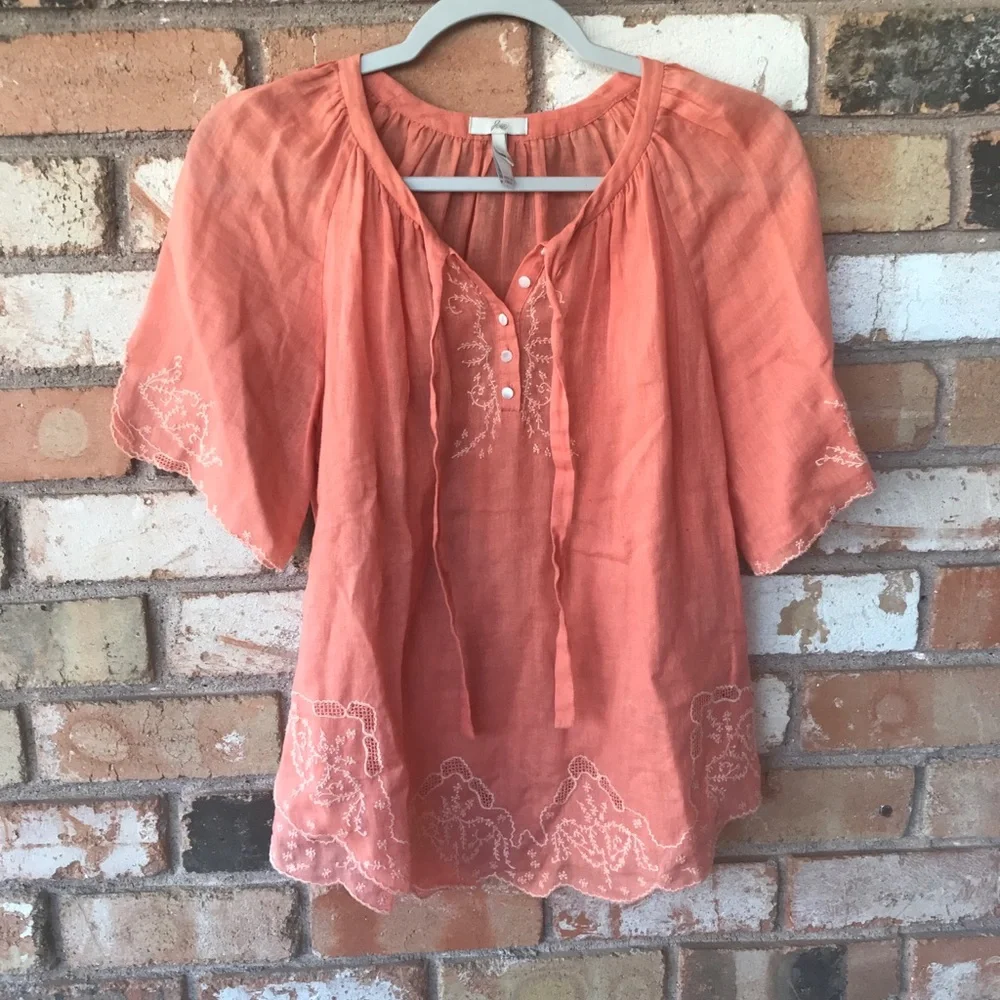 Joie Peasant Embroidered Linen Blend Top